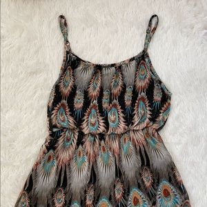 Colorful peacock feather print mini dress. Medium